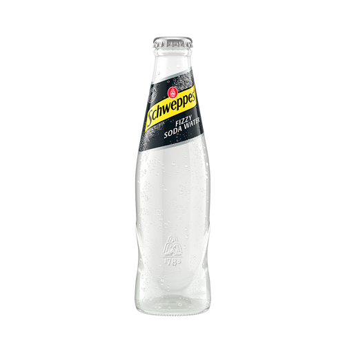 Schlanke Glasflasche mit geprägtem Logo und Etikett 'Schweppes FIZZY SODA WATER'