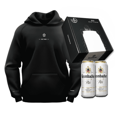 Ein schwarzer Hoodie von Krombacher mit zwei Krombacher Pils-Dosen  und einer Krombacher-Box