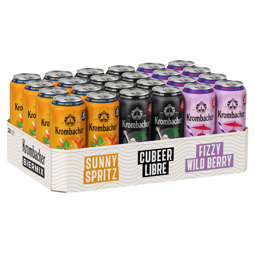 Mehrere Dosen Krombacher Biermix in einem Karton mit den Sorten Sunny Spritz, Cubeer Libre und Fizzy Wild Berry.