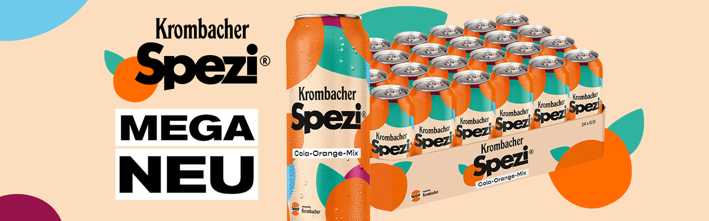 1 Dose Krombacher Spezi Cola-Orange-Mix 0,5 l, daneben 1 Palette 24x0,5 l  Krombacher Spezi Cola-Orange-Mix mit dem Text links davon "Krombacher Spezi MEGA NEU"