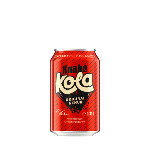 Rote Getränkedose mit der Aufschrift 'Knabe kola ORIGINAL GENUß' und weiteren Texten