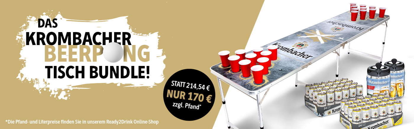 Das Krombacher Beerpong Tisch Bundle mit 1 Palette Krombacher 0,5 l und 1 Palette Krombacher Radler 0,5 l, sowie 2  Krombacher Frische-Fässchen 5 l