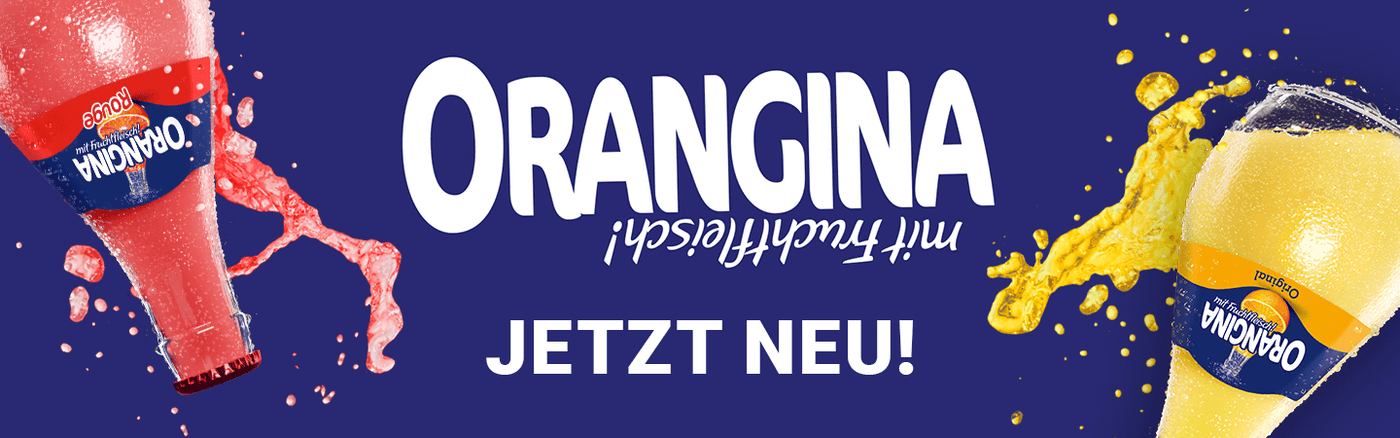 Banner Orangina mit Fruchtfleisch mit den Sorten Rouge und Original und Text "Jetzt neu!"