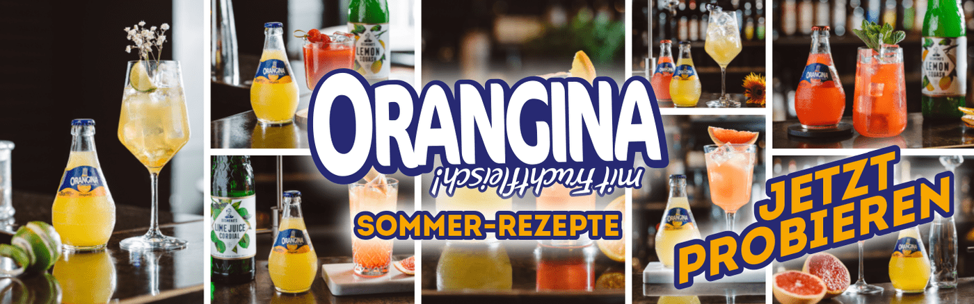 Banner Orangina mit Fruchtfleisch. Sommer-Rezepte. "Jetzt probieren"