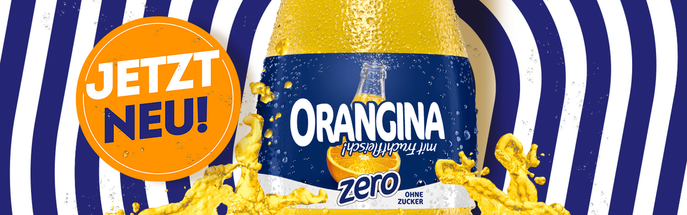 Banner Orangina mit Fruchtfleisch Zero ohne Zucker und Text "Jetzt neu!"