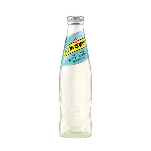 Schlanke Glasflasche mit silberner Kapsel und Etikett 'Schweppes Original Bitter Lemon'