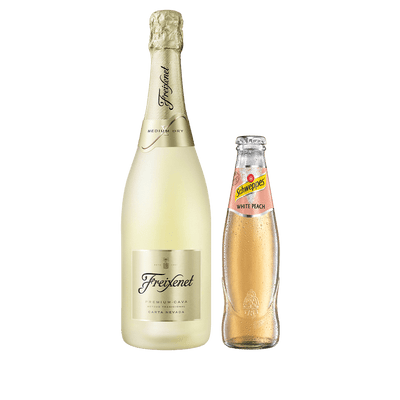 Eine Flasche Freixenet Premium Cava Carta Nevada Medium Dry  0,75 l und eine Flasche Schweppes White Peach 0,2 l