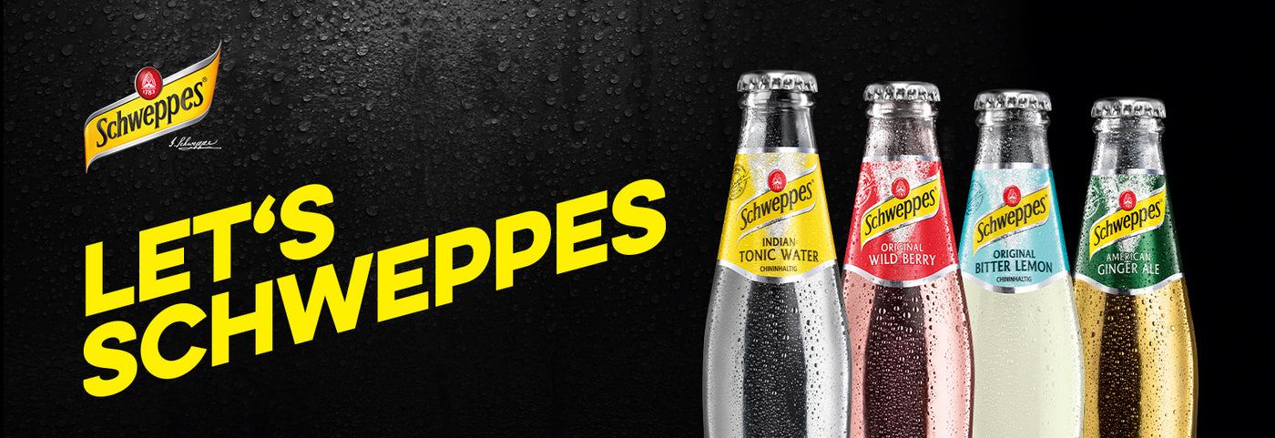 Banner mit 4 Flaschen Schweppes in den Sorten Indian Tonic Water, Original Wild Berry, Original Bitter Lemon und American Ginger Ale mit Text "Let's Schweppes"